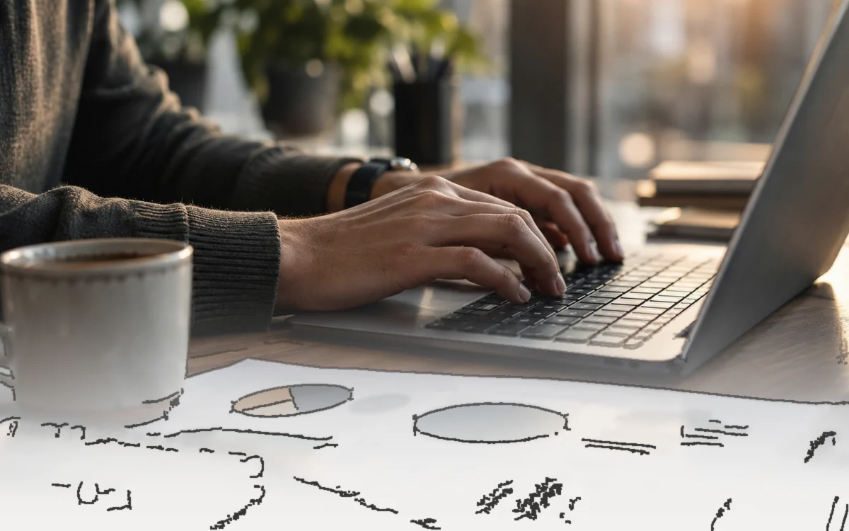 Des mains tapent sur un ordinateur à côté de graphiques imprimés, pour comparer des résultats