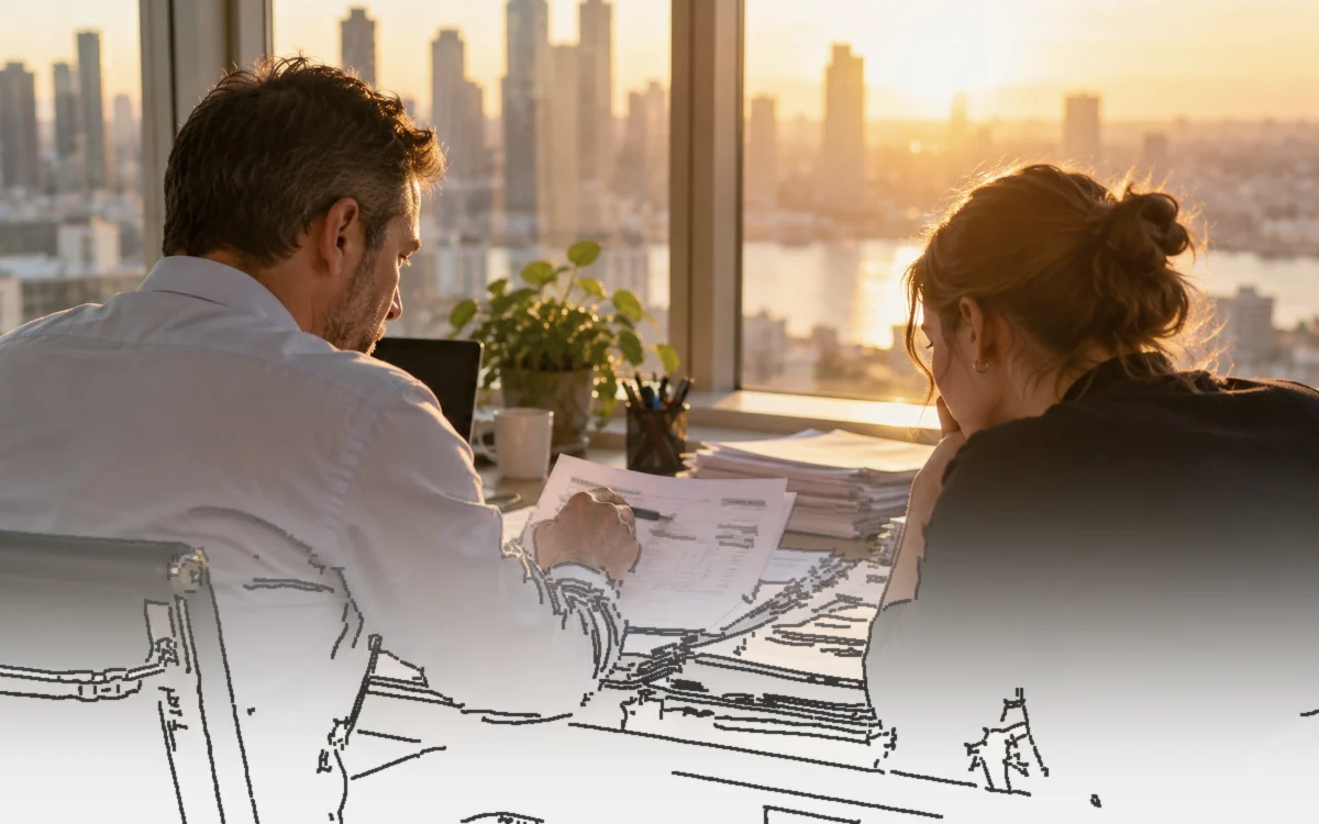 Two colleagues at a desk by a sunlit office window go through a stack of printed invoices, one pointing at a page with a pen.