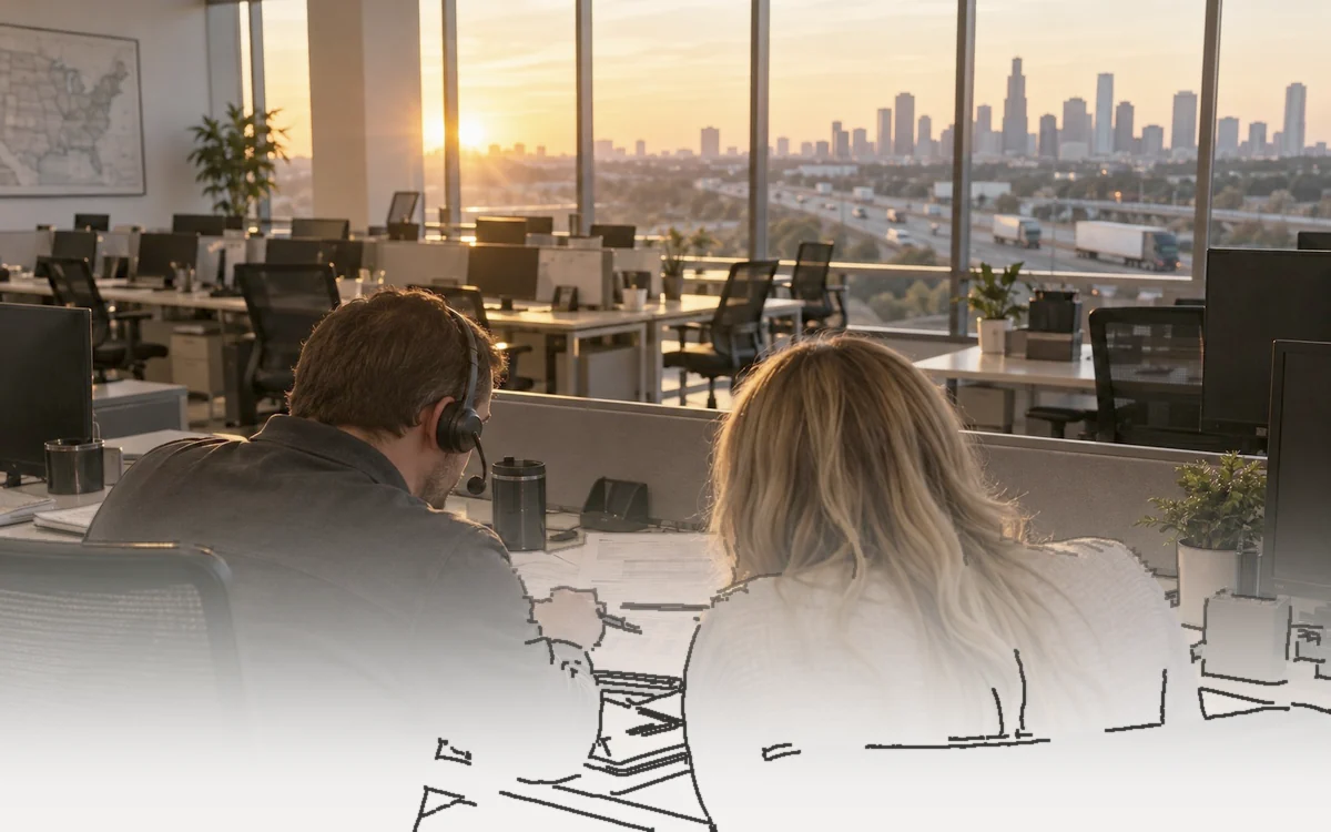 Deux employés de bureau, dont l'un porte un casque téléphonique, examinent des documents imprimés à un bureau près de grandes fenêtres, dans le soleil de fin d'après-midi, avec une ville floue en arrière-plan.