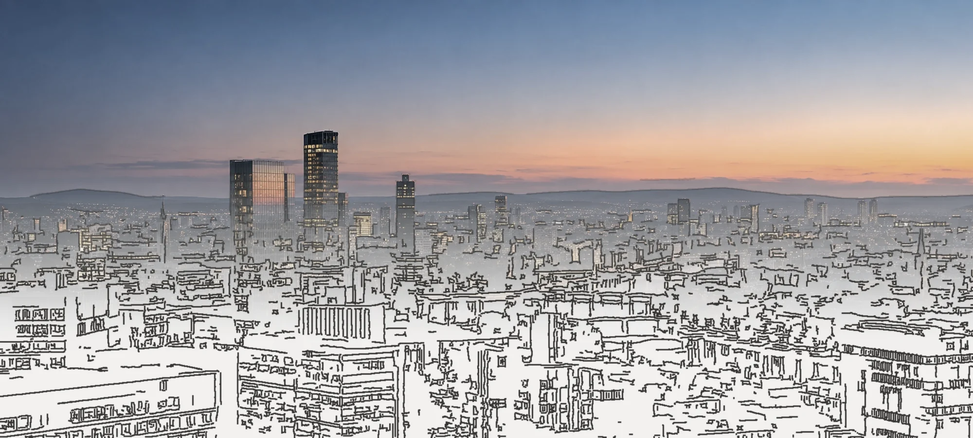 The city skyline at dusk, dissolving into a line drawing